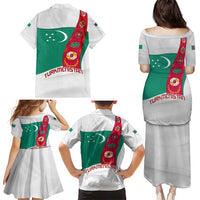 Turkmenistan Flag Family Matching Puletasi and Hawaiian Shirt with National Emblem and Carpet Stripe Design