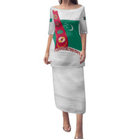 Turkmenistan Flag Family Matching Puletasi and Hawaiian Shirt with National Emblem and Carpet Stripe Design