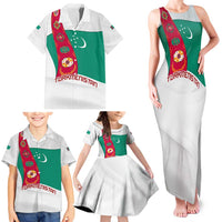 Turkmenistan Flag Family Matching Tank Maxi Dress and Hawaiian Shirt with National Emblem and Carpet Stripe Design