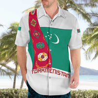 Turkmenistan Flag Hawaiian Shirt with National Emblem and Carpet Stripe Design