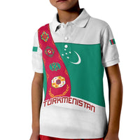 Turkmenistan Flag Kid Polo Shirt with National Emblem and Carpet Stripe Design