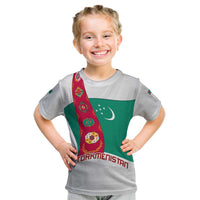 Turkmenistan Flag Kid T Shirt with National Emblem and Carpet Stripe Design