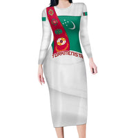 Turkmenistan Flag Long Sleeve Bodycon Dress with National Emblem and Carpet Stripe Design