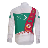 Turkmenistan Flag Long Sleeve Button Shirt with National Emblem and Carpet Stripe Design