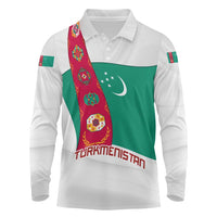 Turkmenistan Flag Long Sleeve Polo Shirt with National Emblem and Carpet Stripe Design