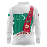 Turkmenistan Flag Long Sleeve Polo Shirt with National Emblem and Carpet Stripe Design
