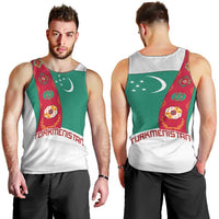 Turkmenistan Flag Men Tank Top with National Emblem and Carpet Stripe Design