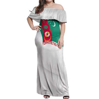 Turkmenistan Flag Off Shoulder Maxi Dress with National Emblem and Carpet Stripe Design