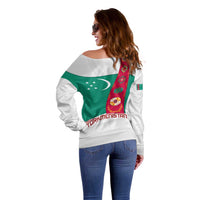 Turkmenistan Flag Off Shoulder Sweater with National Emblem and Carpet Stripe Design