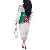 Turkmenistan Flag Off The Shoulder Long Sleeve Dress with National Emblem and Carpet Stripe Design