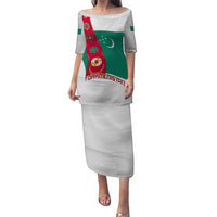 Turkmenistan Flag Puletasi with National Emblem and Carpet Stripe Design