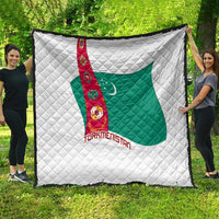 Turkmenistan Flag Quilt with National Emblem and Carpet Stripe Design