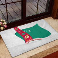 Turkmenistan Flag Rubber Doormat with National Emblem and Carpet Stripe Design