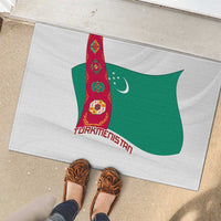 Turkmenistan Flag Rubber Doormat with National Emblem and Carpet Stripe Design