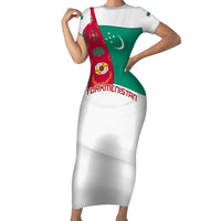 Turkmenistan Flag Short Sleeve Bodycon Dress with National Emblem and Carpet Stripe Design