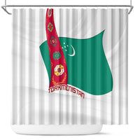 Turkmenistan Flag Shower Curtain with National Emblem and Carpet Stripe Design
