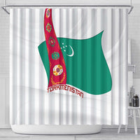 Turkmenistan Flag Shower Curtain with National Emblem and Carpet Stripe Design
