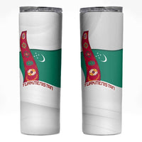 Turkmenistan Flag Skinny Tumbler with National Emblem and Carpet Stripe Design