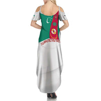 Turkmenistan Flag Summer Maxi Dress with National Emblem and Carpet Stripe Design