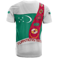 Turkmenistan Flag T Shirt with National Emblem and Carpet Stripe Design