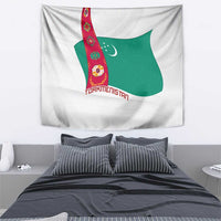 Turkmenistan Flag Tapestry with National Emblem and Carpet Stripe Design