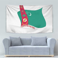 Turkmenistan Flag Tapestry with National Emblem and Carpet Stripe Design