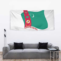 Turkmenistan Flag Tapestry with National Emblem and Carpet Stripe Design