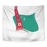 Turkmenistan Flag Tapestry with National Emblem and Carpet Stripe Design