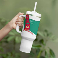 Turkmenistan Flag Tumbler With Handle with National Emblem and Carpet Stripe Design