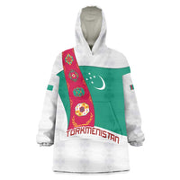 Turkmenistan Flag Wearable Blanket Hoodie with National Emblem and Carpet Stripe Design