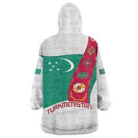 Turkmenistan Flag Wearable Blanket Hoodie with National Emblem and Carpet Stripe Design