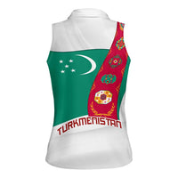 Turkmenistan Flag Women Sleeveless Polo Shirt with National Emblem and Carpet Stripe Design