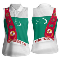 Turkmenistan Flag Women Sleeveless Polo Shirt with National Emblem and Carpet Stripe Design