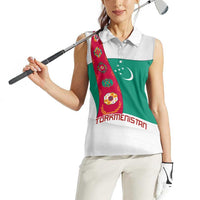 Turkmenistan Flag Women Sleeveless Polo Shirt with National Emblem and Carpet Stripe Design
