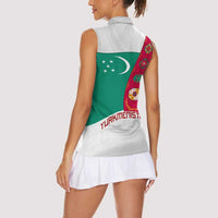 Turkmenistan Flag Women Sleeveless Polo Shirt with National Emblem and Carpet Stripe Design