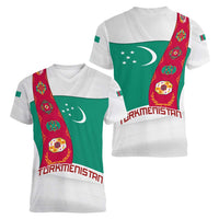 Turkmenistan Flag Women V-Neck T-Shirt with National Emblem and Carpet Stripe Design