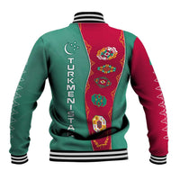 Turkmenistan National Symbols Baseball Jacket with Crescent Moon, Stars, and Traditional Carpet Pattern Design