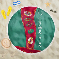 Turkmenistan National Symbols Beach Blanket with Crescent Moon, Stars, and Traditional Carpet Pattern Design