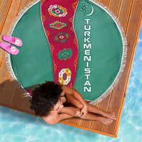 Turkmenistan National Symbols Beach Blanket with Crescent Moon, Stars, and Traditional Carpet Pattern Design