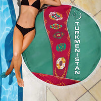 Turkmenistan National Symbols Beach Blanket with Crescent Moon, Stars, and Traditional Carpet Pattern Design