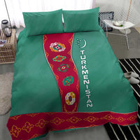 Turkmenistan National Symbols Bedding Set with Crescent Moon, Stars, and Traditional Carpet Pattern Design