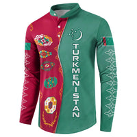 Turkmenistan National Symbols Button Sweatshirt with Crescent Moon, Stars, and Traditional Carpet Pattern Design