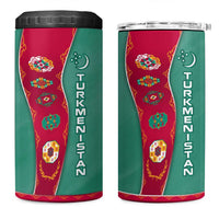 Turkmenistan National Symbols 4 in 1 Can Cooler Tumbler with Crescent Moon, Stars, and Traditional Carpet Pattern Design