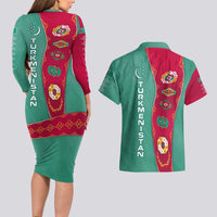 Turkmenistan National Symbols Couples Matching Long Sleeve Bodycon Dress and Hawaiian Shirt with Crescent Moon, Stars, and Traditional Carpet Pattern Design