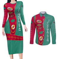 Turkmenistan National Symbols Couples Matching Long Sleeve Bodycon Dress and Long Sleeve Button Shirt with Crescent Moon, Stars, and Traditional Carpet Pattern Design