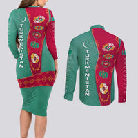 Turkmenistan National Symbols Couples Matching Long Sleeve Bodycon Dress and Long Sleeve Button Shirt with Crescent Moon, Stars, and Traditional Carpet Pattern Design
