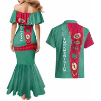 Turkmenistan National Symbols Couples Matching Mermaid Dress and Hawaiian Shirt with Crescent Moon, Stars, and Traditional Carpet Pattern Design