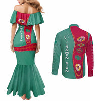 Turkmenistan National Symbols Couples Matching Mermaid Dress and Long Sleeve Button Shirt with Crescent Moon, Stars, and Traditional Carpet Pattern Design