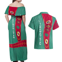 Turkmenistan National Symbols Couples Matching Off Shoulder Maxi Dress and Hawaiian Shirt with Crescent Moon, Stars, and Traditional Carpet Pattern Design