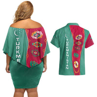 Turkmenistan National Symbols Couples Matching Off Shoulder Short Dress and Hawaiian Shirt with Crescent Moon, Stars, and Traditional Carpet Pattern Design